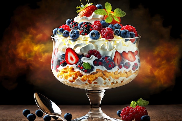 Zuppa di dessert di frutta estiva con panna e frutti di bosco sul piatto