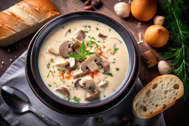 Zuppa di formaggio a crema con funghi patate e pollo in ciotola ingredienti sullo sfondo