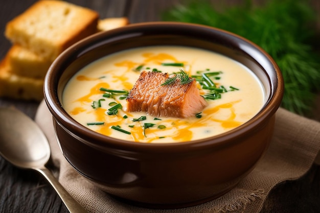 Zuppa di formaggio con salmone su sfondo di legno