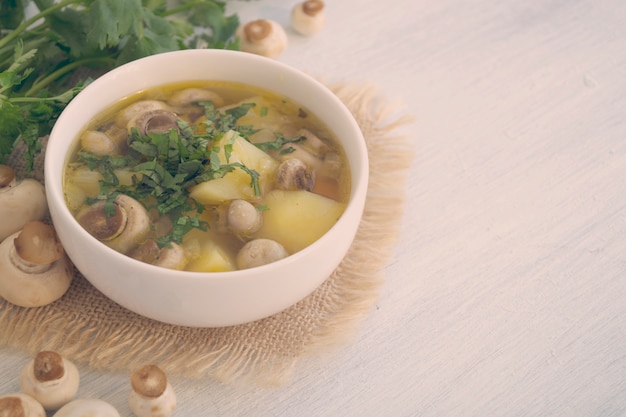 Zuppa di funghi dieta casalinga su uno sfondo chiaro.