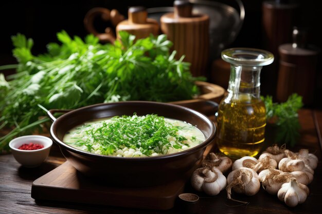 Zuppa di funghi sul tavolo della cucina fotografia alimentare pubblicitaria professionale