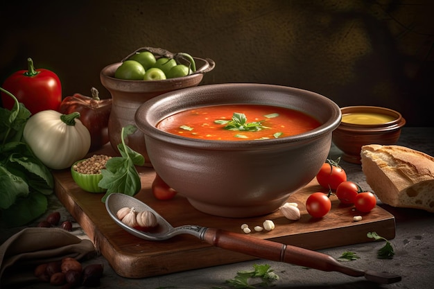 Zuppa di gazpacho spagnolo tradizionale in una ciotola con ingredienti su tavola di legno Ai generativa