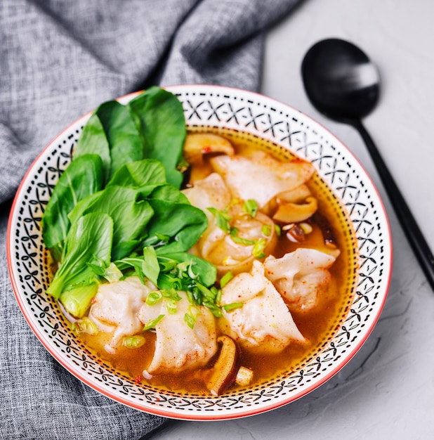 Zuppa di gnocchi di gyoza con bokchoy in zuppa chiara