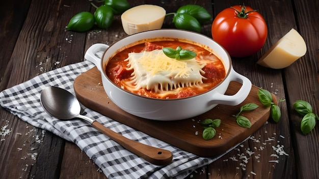 Zuppa di lasagna italiana fatta in casa con carne macinata, pasta di pomodoro, basilico, aglio e formaggio