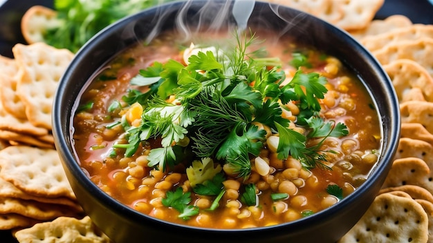 Zuppa di lenticchie con erbe tritate e cracker