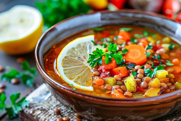 Zuppa di lenticchie guarnita con una fetta di limone e erbe fresche generate dall'AI