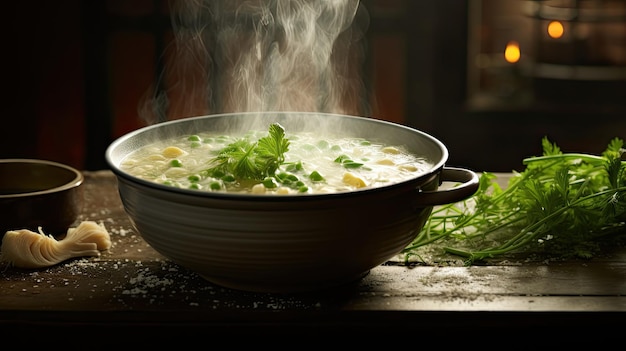 zuppa di mais di pollo su un tavolo ben allestito il vapore che sale dalla ciotola