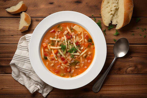 Zuppa di minestrone italiano Zuppa vegetariana con verdure fagioli e pasta al basilico Vista dall'alto