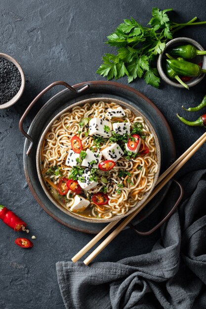 Zuppa di noodle asiatica, ramen con tofu e verdure su superficie scura, vista dall'alto