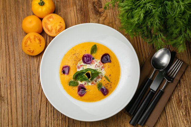 Zuppa di passata di pomodoro con pomodorini gialli su un tavolo di legno