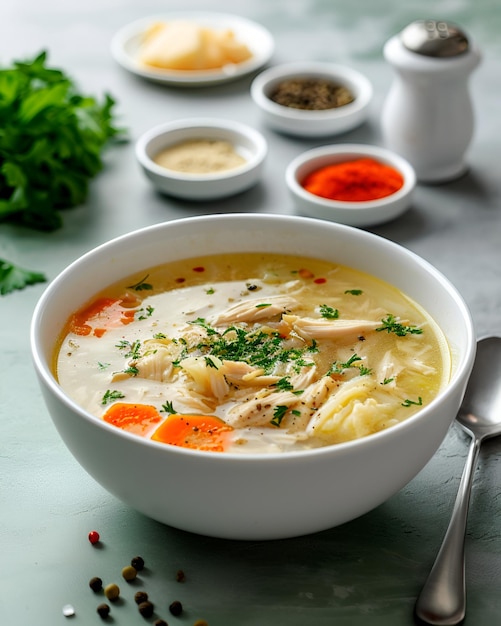 Zuppa di pollo in un piatto bianco circondato da ingredienti come foglie di sedano, aglio, pepe e carro