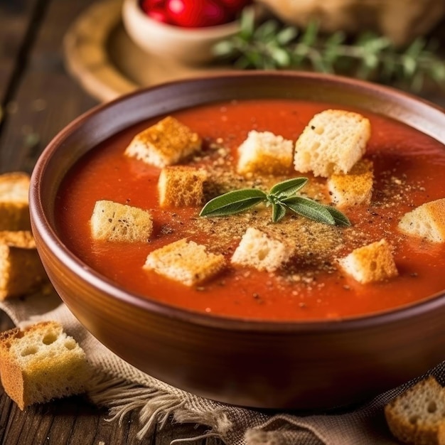 Zuppa di pomodoro con crouton e erbe fresche in una ciotola