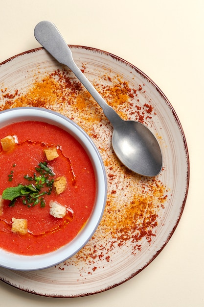 Zuppa di pomodoro fatta in casa con pane, menta e olio d'oliva