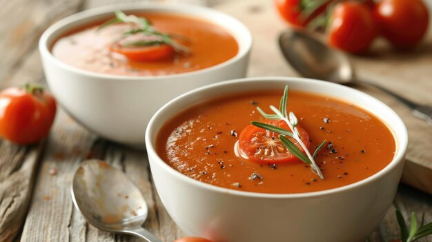 Zuppa di pomodoro fresca con erbe in ciotole di ceramica