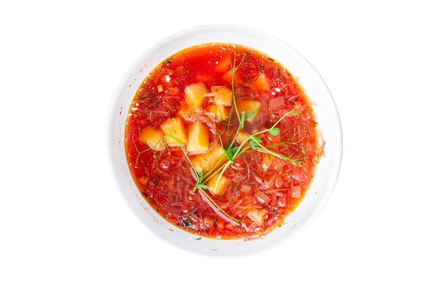 Zuppa di pomodoro verdure borscht brodo rosso barbabietola fresca dietetica pasto sano cibo natura morta spuntino