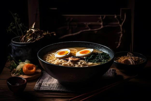 Zuppa di ramen giapponese con erba cipollina e germogli di pollo su rete neurale di legno scuro generata dall'intelligenza artificiale