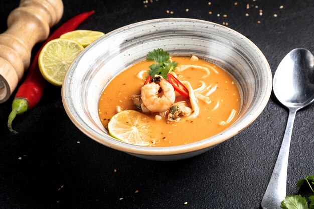 Zuppa di Tom yum su sfondo nero decorato