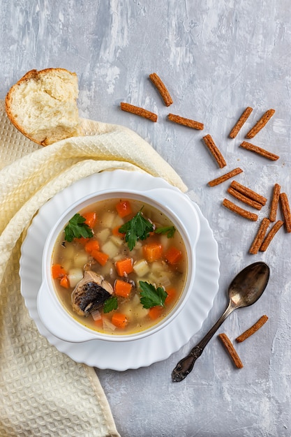 Zuppa di tonno con patate e carote, su un vassoio d'argento con erbe