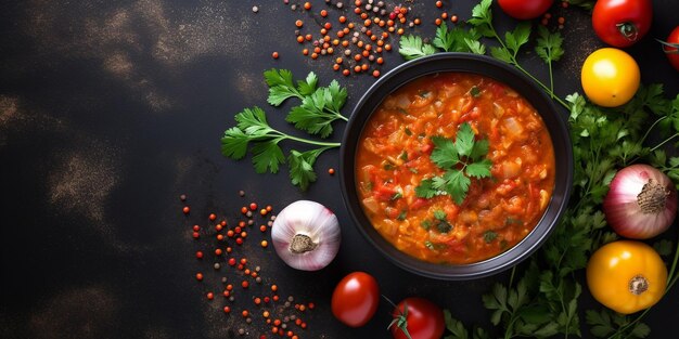 Zuppa di verdure AI generativa con lenticchie rosse e pomodori sul tavolo