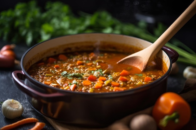 Zuppa di verdure in una ciotola e un cucchiaio di legno ai generativa