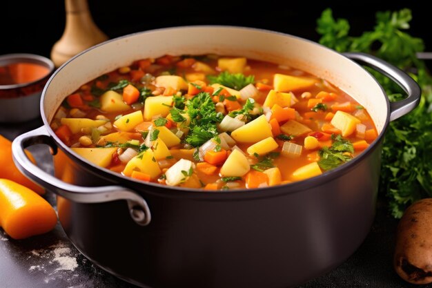 Zuppa di verdure sostanziosa che bolle a fuoco lento in una pentola di metallo