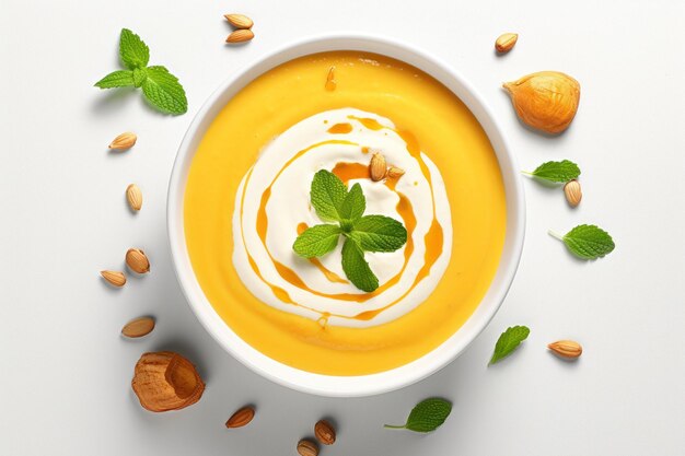 Zuppa di zucca arrostita cremosa vegana vista dall'alto AI generata