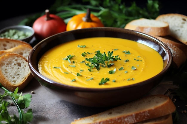 Zuppa di zucca con panna e prezzemolo su fondo di legno scuro