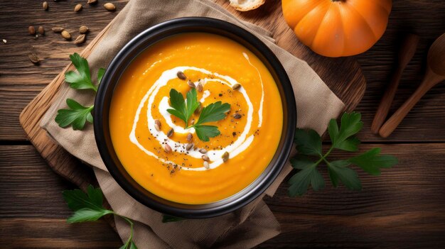 Zuppa di zucca con panna e semi su sfondo di legno Vista superiore IA generativa