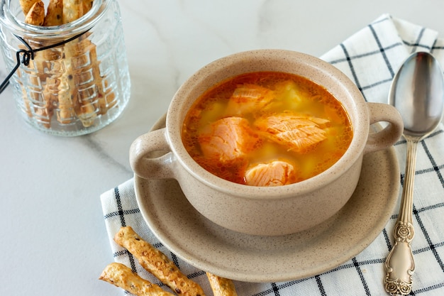 Zuppa fatta in casa con salmone con grissini su marmo