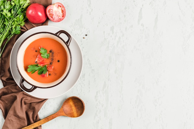 Zuppa fredda di gazpacho spagnola con pomodori ed erbe fresche