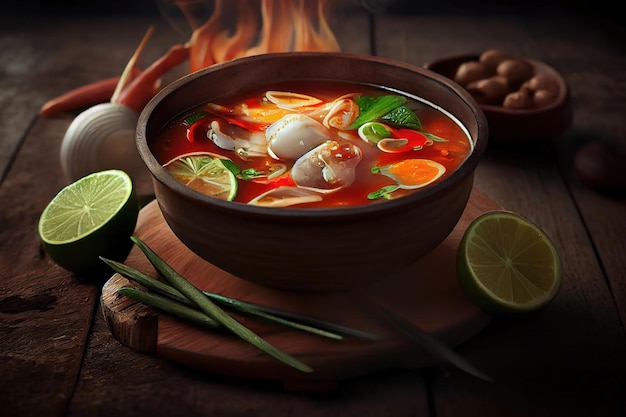 Zuppa tailandese piccante tradizionale di Tom Yam su una tavola di legno Ai generativa