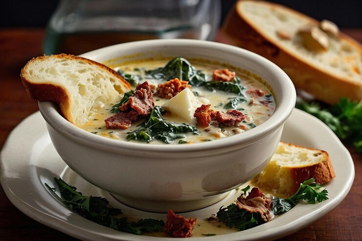 Foto zuppa toscana con pane all'aglio tostato