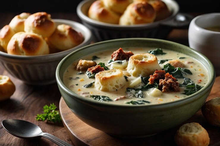 Foto zuppa toscana con un lato di nodi d'aglio