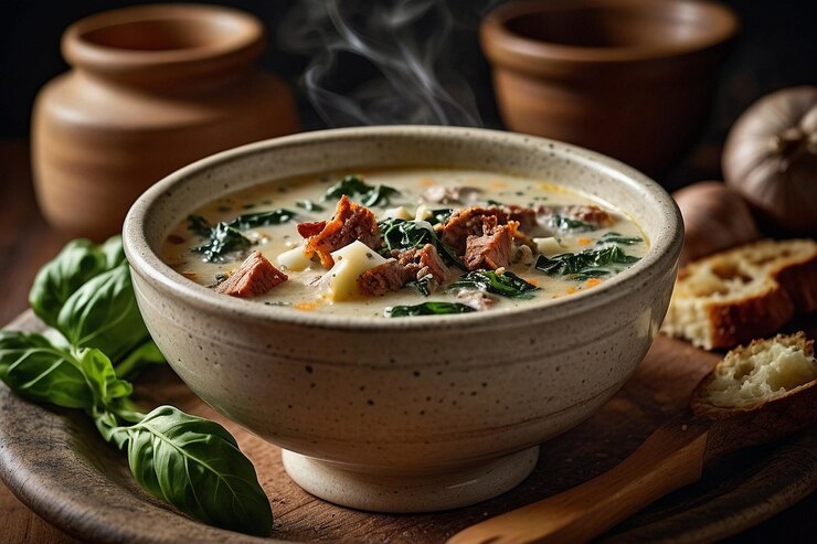 Foto zuppa toscana in una ciotola di ceramica con toni terrosi