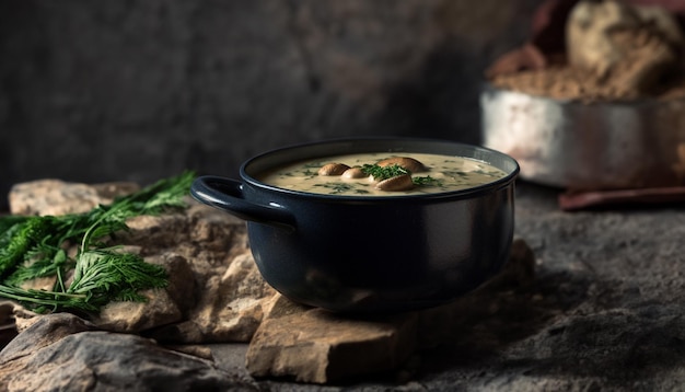 Zuppa vegetariana fresca in una ciotola rustica di stoviglie