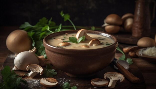 Zuppa vegetariana sana con verdure fresche e contorno di erbe fatte in casa generate dall'intelligenza artificiale
