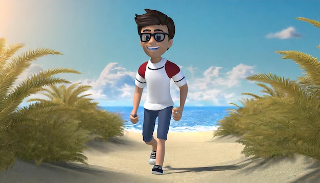 3d animated cartoon with a man walk in beach
