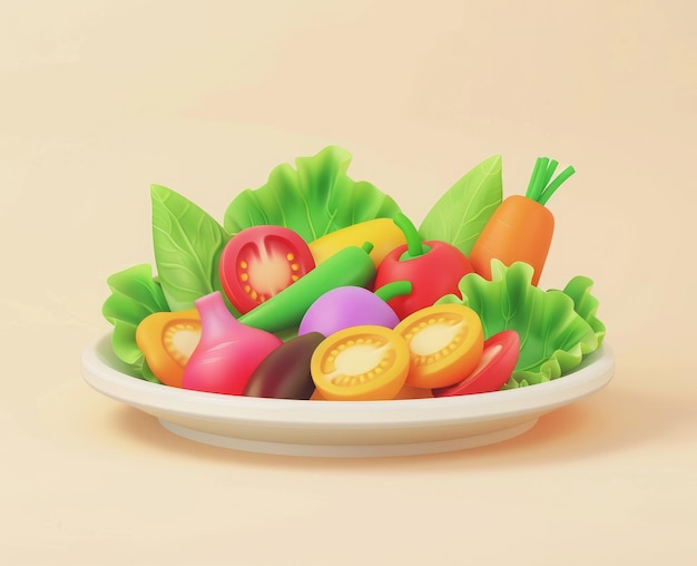 3d cartoon vegetable salad in a plate