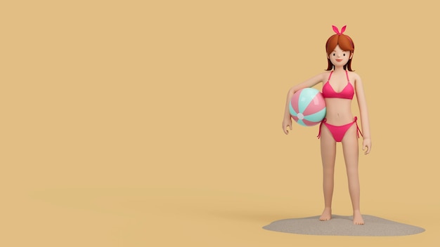 3d character woman in bikini holding beach ball 3d rendering