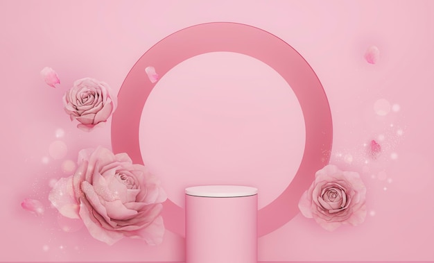 3d display platform with pastel pink floral background roses peonies for women's gift