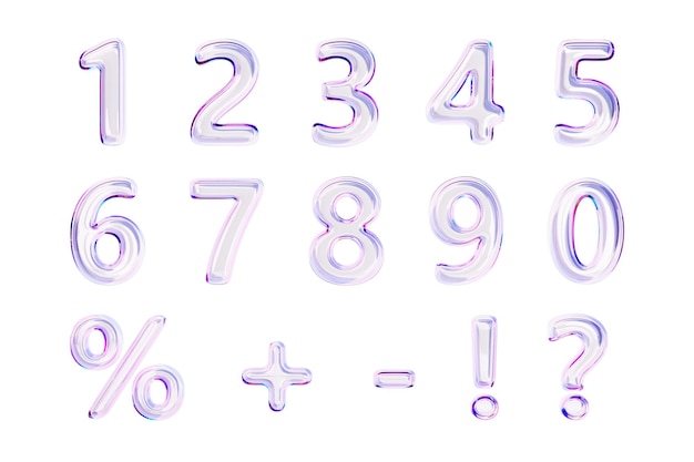 3d glass holographic liquid transparent numbers font from 0 to 9 percent sign question mark exclamation plus and minus symbol rainbow glossy balloons with gradient texture render
