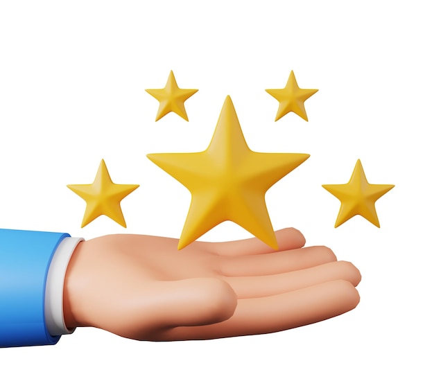3D Hand holding star or satisfaction symbol online feedback concept 3D render illustration