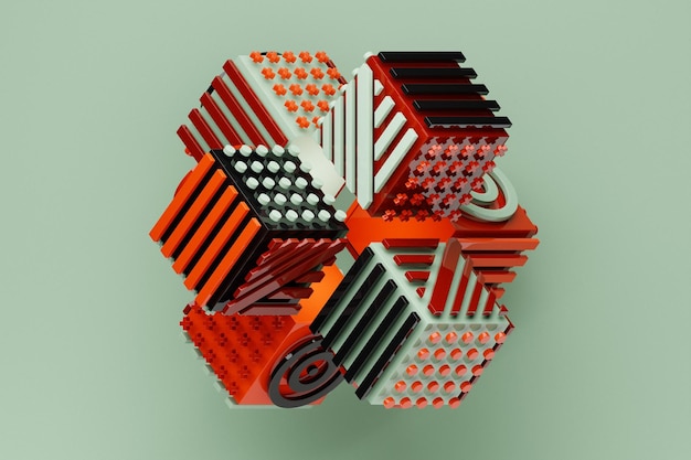 3D illustration Abstract shape with different geometric patterns on each side on a pink background 3D illustration