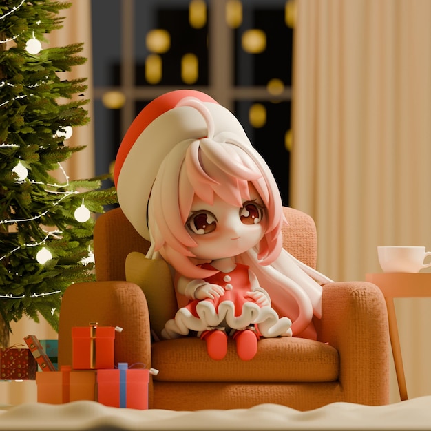 3D Illustration Adorable Chibi Santa Girl Relaxing by the Christmas Tree