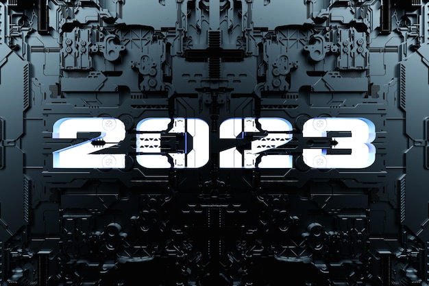 3d illustration Futuristic tech postcard with the year 2023 on the background black cyber armor Closeup equipment for mining cryptobitcoin ether