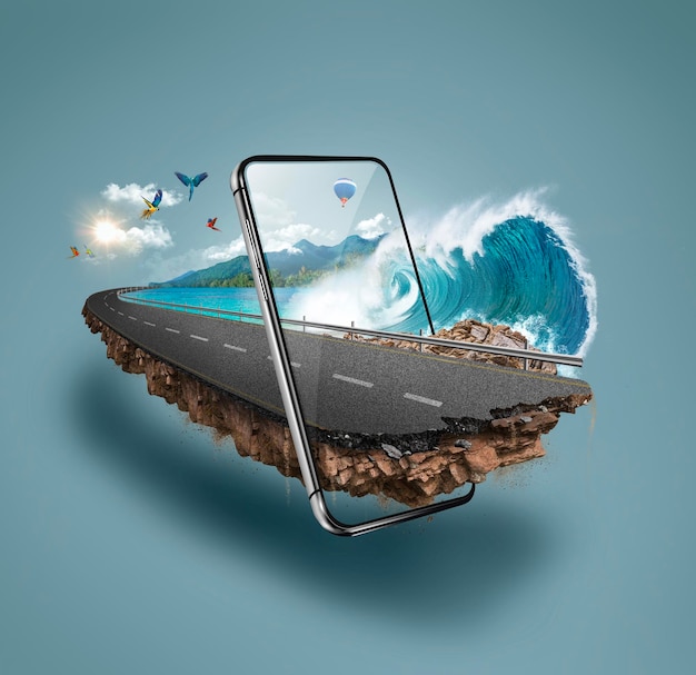 3d illustration of road with mobile phone isolated. tropical asphalt road with smart phone.