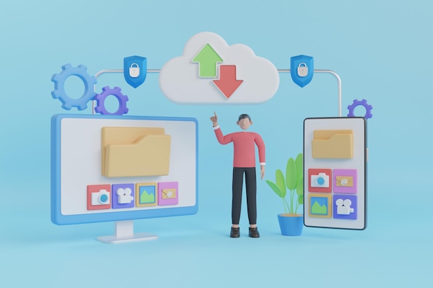 3D Illustration of Sending Files from Mobile Phone to Laptop. Transferring Digital Documents