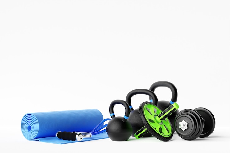 Fotografie 3d illustration of sports equipment sports equipment kettlebell dumbbell elastic band