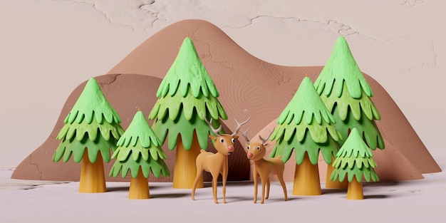 3d mountain landscape with deer doe fawn standing on pine forest from plasticine isolated on grey background clay toy icon concept 3d illustration render