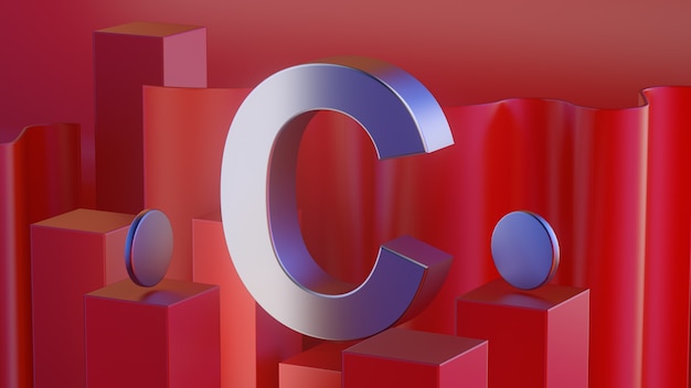 3d red shiny metal alphabet letter C frame isolated on white background